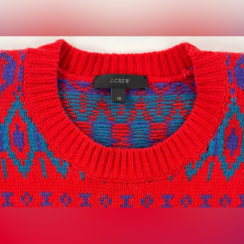 J. Crew Women’s Diamond Fair Isle Sweater Red Lambswool Size XS Cozy Nordic Ski - Picture 6 of 8
